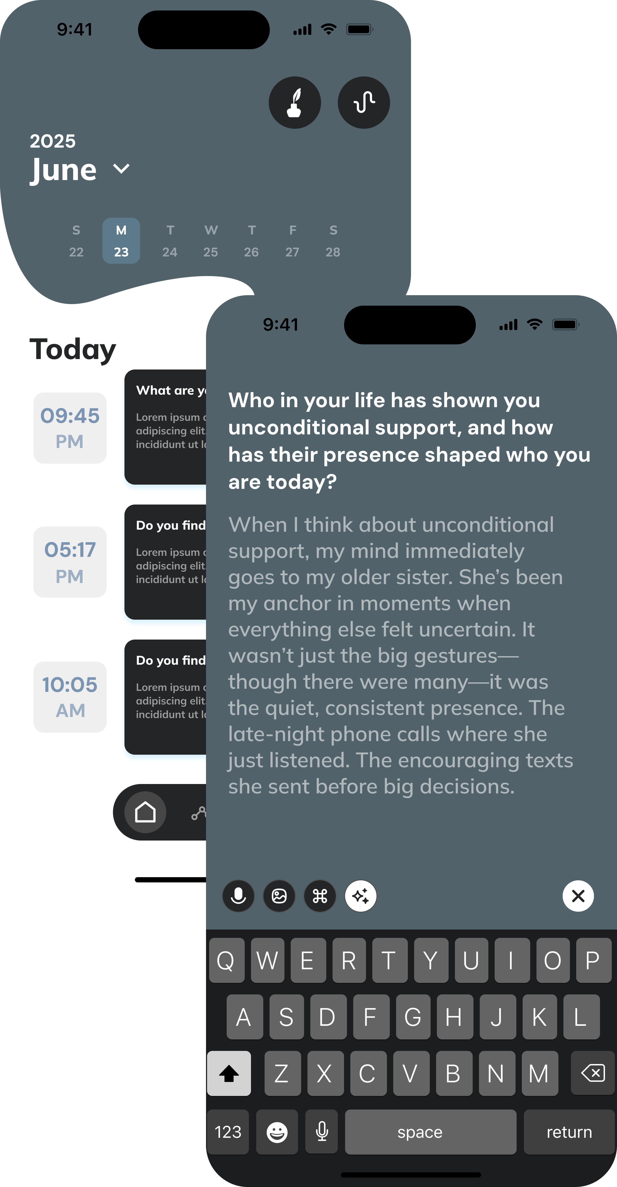 Quill journal mobile app interface showing calendar and journal entry screens